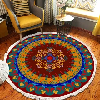 Tomifine Mandala Rund Teppich Quasten, Böhmen Handgewebte Baumwolle Teppiche für Schlafzimmer Wohnzimmer Hausdekor (90 cm,Gelb Rot)