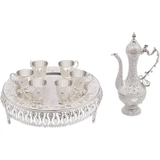SUONTY Kaffeetasse und Teeservice Set, 6 Personen 8 TLG Vintage Selten Teeservice Set, Kaffeeservice aus Zink-Legierung, Teeservice Set für Teetisch Dekoration (Silber und Weiß)