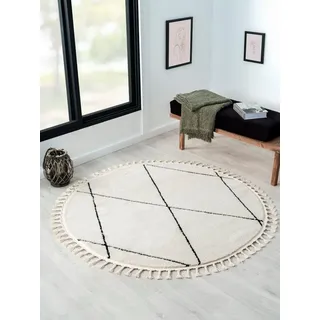 Myflair Möbel & Accessoires Hochflor-Teppich Moroccan Pattern, rund, Höhe: 24 mm, modern, marokkanisches Design, Rauten Muster, weich, mit Fransen schwarz|weiß Ø 190 cm x 190 cm x 190 cm x 24 mm