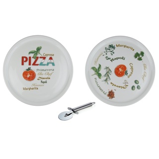 Retsch Arzberg - Pizzateller im Set inklusive Pizzaschneider/Pizzaroller - Pizza Teller XXL Ø30cm (mit Dekor, 2er Set)