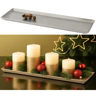 Dekotablett Silber Aluminium gehämmert 51x12 cm – Rechteckiges Kerzentablett & Adventstablett, Dekoteller, Tablett für Kerzen und Weihnachtsdeko