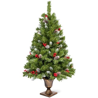 Künstlicher Weihnachtsbaum 120cm, Uten Tannenbaum mit Tannenzapfen, rote Beeren und Schnee, 300 Spitzen, Deko für Weihnachten