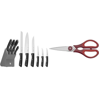 WMF Messerblock mit Messerset 7-teilig, Küchenmesser Set mit Messerhalter & Touch Küchenschere 21 cm, Haushaltsschere mit Sägeschliff, Schere Küche, Cromargan Edelstahl, Softgriff, rot