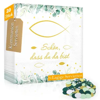 WenmthG 20 Stück Servietten und 200 Stück Konfetti für Taufe, Kommunion, Konfirmation Deko - Fisch-Tischdekoration für Jungen Mädchen mit Spruch Schön dass du da bist