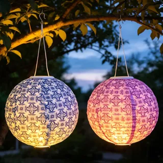 Solar Lampions für Außen Wetterfest, 2 Stück 25cm Solarlampen für Außen Hängend, IP65 Wasserdicht Nylon Solar Laterne mit LED Warmweiß Licht, Gartenlaterne für Garten Terrasse Deko (Blau Rosa)