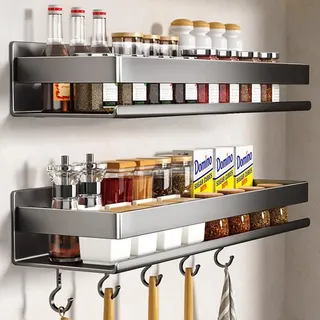 FARYODI 2er Set Gewürzregal Wand Ohne Bohren Küchenregal, mit 5 Plastik Haken, Gewürzregal Schranktür, Hakenleiste Hängend Gewürzregal, Platzsp arend, stilvoll & stabil, einfache Montage 40X10X3.5cm