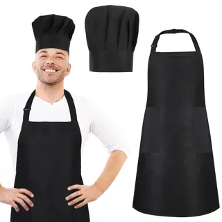 Livdouyu Kochmütze und Schürze-Set, verstellbare hohe Kochschürze(Schwarz) | Wasserdichte Küchen Backschürze mit 2 Taschen und elastischer Kochmütze für Männer und Frauen für die Heimküche