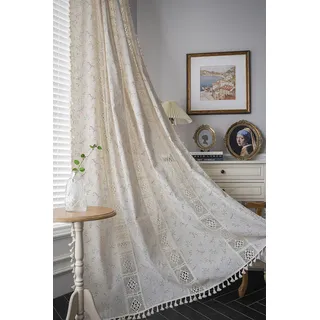 Yaofeiou Voile Vorhänge Elfenbein Weiß Vorhänge Vintage Gardinen Quaste Transluzente Verdunklung Vorhänge Landhausstil Häkeln Stricken Gardinen Baumwolle Leinen Gardienen, 2 Stück, B150xH200cm