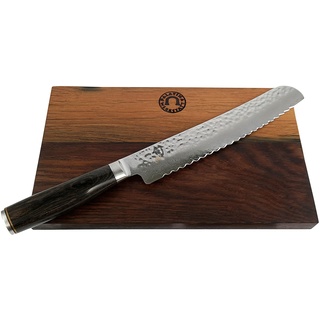 KAI Shun Premier Tim Mälzer TDM-1705, ultrascharfes japanisches Messer Brotmesser 23 cm Damastklinge mit Wellenschliff + großes und massives Fassholzbrett 30x18 cm | VK: 268,-