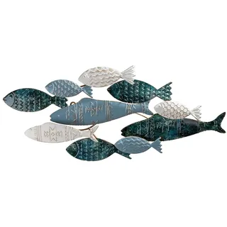 GILDE Metallbilder Wanddeko Bilder Metall – moderne Wanddekoration Wohnzimmer – Wandbild 3D Metallbild Wand Deko Fischschwarm Wall Decoration 30 x 71 cm Blau Weiß