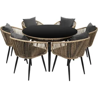 di volio Gartenmöbel-Set RIETI Beige/Grau, Garten Möbel aus Polyrattan und Stahl, Gartenmöbel für 6 Personen - Couchtisch & 6 Stühle - Bronze