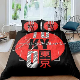Tokyo Bettwäsche Set Japanischer Stil Bettbezug 135x200 für Kinder Teens Erwachsene Sonnenaufgang Thema Bettbezug Retro Stil Rot und Schwarz Bettbezug Gebürstet Dekorativ Jungen Mädchen Zimmer