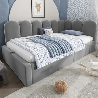 Daybett 90×200 Cm, Einzelbett Mit Hydraulischem Bettkasten, Gitterseiten Und Gepolstertem Kopfteil, Ohne Matratze, Samt, Grau