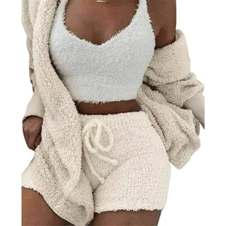 DIVAND Damen Casual 3-Teiliges Set Fluffy Plüsch Pyjama Langarm Samt Kapuzenjacke Mantel + Shorts + Crop Top Mode Winter Warm Halten Trainingsanzug