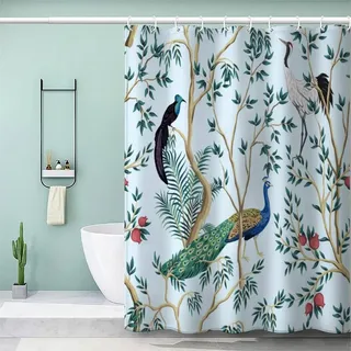 VASENA Pfau Blütenlos Duschvorhang 180x200 Exotisch Bad Vorhäng Anti-Schimmel Textil Anti-Bakteriel 3D Wasserdicht Duschvorhang Badewanne mit 12 Hooks