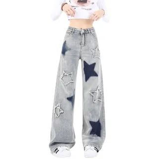 Lafaguw Süße Jeans für Damen und Mädchen, Sternen-Patchwork-Hose, hohe Taille, gerades Bein, legere Kleidung, Linght Blue1, S - S