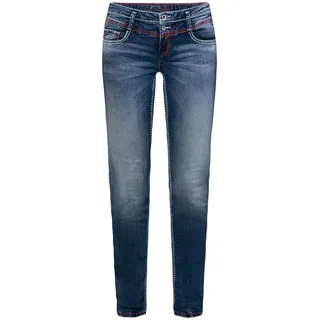 SOCCX Damen Jeans KA:RA mit Used-Waschung und farbigen Nähten Dark Blue Vintage 26 32 - 26W / 32L