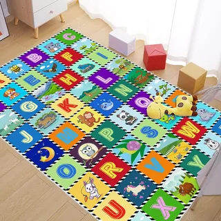 Kinder-Teppich mit Zahlen- und Alphabet-Spiel – ABC-Lernbereich – Tierdruck, Kinderzimmer, Spielzimmer, Schlafzimmer, Kinderzimmer, weich, rutschfest, maschinenwaschbar (80 x 150 cm, English)