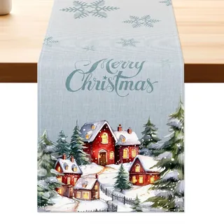 Aitsit Weihnachten Tischläufer Weihnachtsdeko Winter Wasserabweisend Tischläufer Modern Weihnachtstischläufer Für Drinnen Und Draußen Party Küche Esstisch Dekoration 40×180cm (Weihnachtshütte-B)