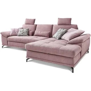 Cavadore Ecksofa Castiel mit Federkern / Großes Sofa in L-Form mit Sitztiefenverstellung, Kopfstützen und XL-Longchair / 312 x 114 x 173 / Webstoff, Flieder-Rosa