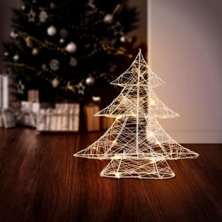 ECD Germany LED Deko Baum Weihnachten mit 20 warmweißen LEDs, 30 cm hoch, aus Metall, Silber, Weihnachtsbaum mit Beleuchtung & Timer, Innen, batteriebetrieben, Lichterbaum Tanne stehend Weihnachtsdeko