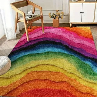 RICAUOU 3D Regenbogen Teppiche Wohnzimmer, 80x150cm Farbenfroher, Abstrakter, Mehrlagiger Muster Teppich, Moderner Teppich, Großer, Rutschfester, Waschbarer Teppich Schlafzimmer, Kinderzimmer
