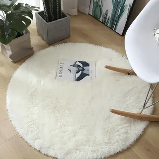 Hiseng Teppich Rund Flauschiger Waschbar, Hochflor Plüsch Weicher Teppich Wohnzimmer Teppich Modern für Wohnzimmer Kinderzimmer Schlafzimmer Flur Läufer Sport Innen (140cm,Weiß)