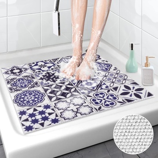 Duschmatte rutschfest 60 x 60 cm Weich Komfort Sicherheits Badewannenmatte, Antibakterielle Badematte mit Ablauflöchern, Antirutschmatte Dusche für Badewanne und Nassbereiche (Blaue Ziegelsteine)