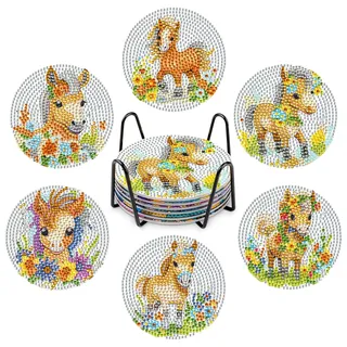 NAIMOER 6Stück Pferd Diamond Painting Untersetzer mit Halter, DIY Tiere Untersetzer, Kaffee Diamant Painting Blumen Untersetzer für Erwachsene Kinder, Getränke Untersetzer, 5D Diamant Untersetzer