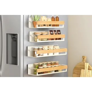 SONGMICS Gewürzregal magnetisch, 4er Set, 2 große und 2 kleine Regale, Gewürz-Organizer ohne Bohren, Magnetregal, für Küche, Kühlschrank, Mikrowelle, Waschmaschine, cremeweiß-naturbeige KCS062WD01