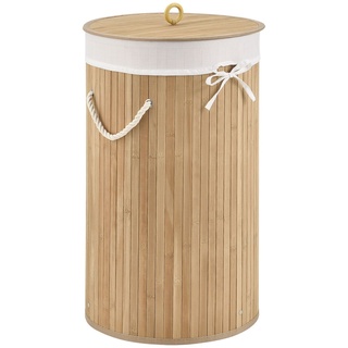 Juskys Bambus Wäschekorb Curly-Round 55 Liter Wäschesammler mit Deckel, Griff & Wäschesack – Natur