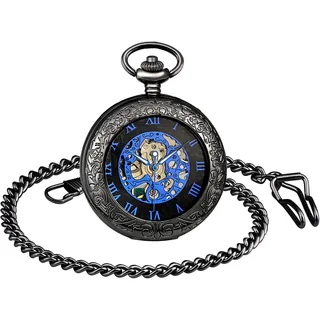 MICGIGI-Unisex Taschenuhr mit Halskette Kette Analog Handaufzug Retro Hohle Skelett Mechanische Taschenuhren