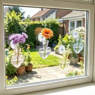 Bourske Wandvase für Pflanzen Innen Glas Fenstervase Herzform 4 Stück: Transparente Bunte Glasvasen mit Saugnapf&Nägeln, Wand/Fenster Propagation für Hydrokultur – Wall Planters als hängende Wanddeko