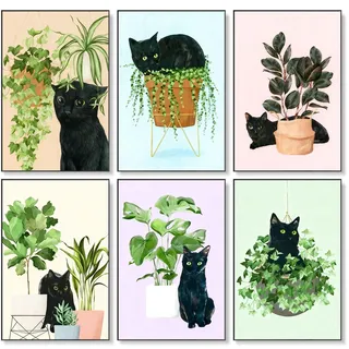 6 Stück Malen nach Zahlen Erwachsene Schwarze Katze & Pflanze Set, 20x30 cm