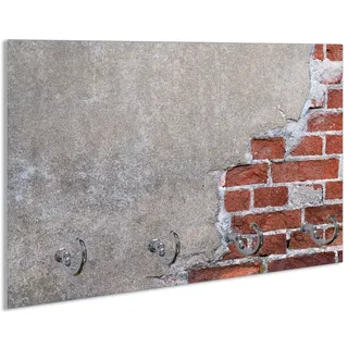Wallario Schlüsselbrett Steinwand rote Ziegelsteine mit Putz, (inkl. Aufhängeset), 30x20cm, aus ESG-Sicherheitsglas rot