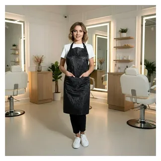 STM Company Kittelschürze Schürze Letters mit Lederdetails & Metallapplikationen, (mit Taschen, für Friseure, Kosmetikerinnen), Trendige Berufsschürze für Friseure & Beauty-Profis schwarz