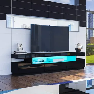 Senvoziii LED TV Schrank Modernes Hochglanz TV Board mit 3 Schubladen und Offener Fall Fernsehschrank für Wohnzimmer Schlafzimmer Möbel, Schwarz, 160 x 35 x 42 cm