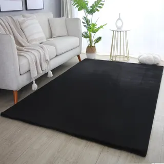 SIMPEX Rabbit Hochflor Teppich Läufer 80x150 cm Schwarz Shaggy Modern Flauschig Weich Fellteppich Kunstfell Einfarbig für Flur Schlafzimmer Kinderzimmer