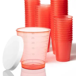Tuuters Medikamentenbecher 300 Stück 30ml (Rot mit Deckel) klein farbig