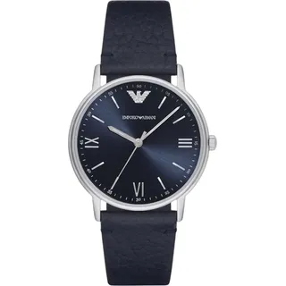 Emporio Armani Damenuhr silber dunkelblau Lederarmband - Silber