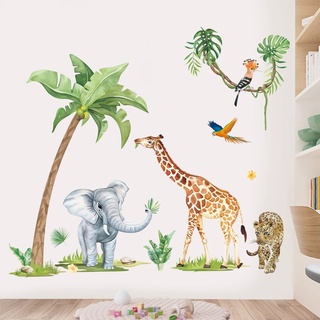 wondever Wandtattoo Safari Tiere Wandaufkleber Dschungel Tiere Elefant Giraffe Leopard Groß Palme Baum Wandsticker Wanddeko für Kinderzimmer Babyzimmer Schlafzimmer (H:130cm)