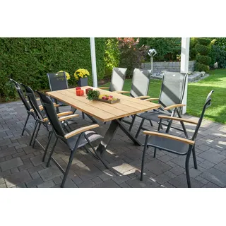 HARTMAN Xanadu / Alice Garten-Essgruppe, xerix/schwarz, Alu/Teakholz, 4x4 Textilen, 2 Stapelsessel, 6 Klappstühle, 220x100cm