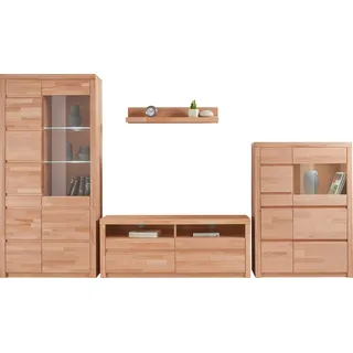 OTTO home Wohnwand Silkeborg: 4-teilig, Breite: 320cm, Griffmulden, Fronten Massivholz, (Set, 4-St), Set besteht aus 1 Vitrine, 1 Lowboard, 1 Sideboard und 1 Wandregal braun