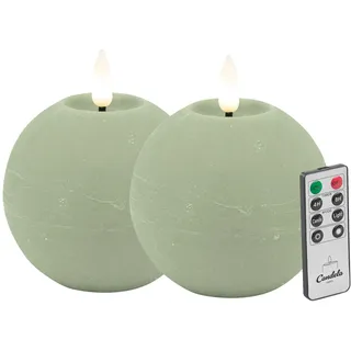 Candela LED Kerzen 2er Set H:8xØ10cm grün rustic Echtwachs mit Fernbedienung Timer Funktion & mehrstufig dimmbar flammenlos Echtwachskerzen Kugelkerze