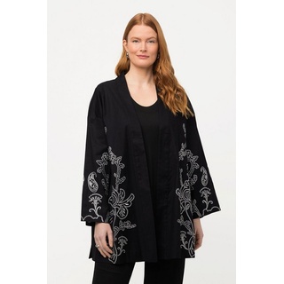 Ulla Popken Kimono Kimono-Jacke Stickerei Leinenmix offene Form, Langform, Materialmix schwarz 46/48