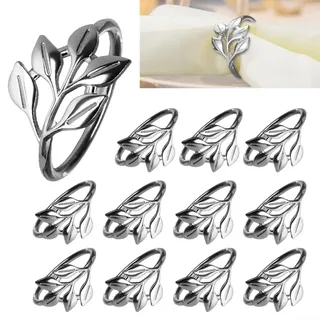 Elegantes Serviettenring-Set mit Blättern | 12 Stück silberne und goldene Metallhalter für Hochzeit | Feiertagsfeiern und Dinnerpartys | Zinklegierung Tischdekoration mit (Silber)