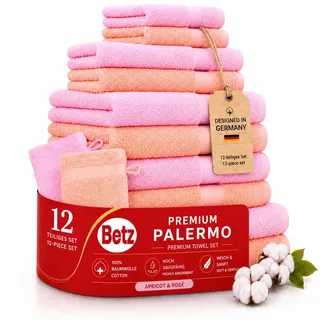 Betz 12-TLG. Handtuch-Set Palermo 100% Baumwolle 2 Liegetücher 4 Handtücher 2 Gästetücher 2 Seiftücher 2 Waschhandschuhe Farbe apricot und rosé