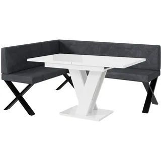 MEBLINI Eckbank für Esszimmer mit ausziehbarem Tisch - Küchenbank - Essecke - Sitzecke Küche - ERIC - X-Beine 128x168x87cm Links - Dunkelgrau Samt/M Weiß Hochgl.