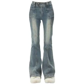 ARESU Blaue Damen-Jeans, Schlaghose, hohe Taille, Vintage-Denim, Bell-Bottom, weiblich, Harajuku, Streetwear, schicke 2000er-Jahre-Hose, Y2K-Blau-S