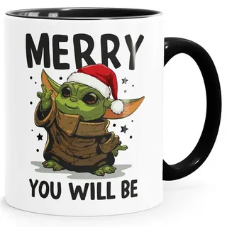MoonWorks Tasse Kaffee-Tasse Weihnachten Geschenk lustig Baby Yoda mit Spruch Merry, Keramik schwarz